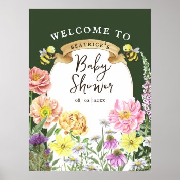 Green Bee And Wildflower Baby Shower Welcome Poster by ReaDavidson at Zazzle
