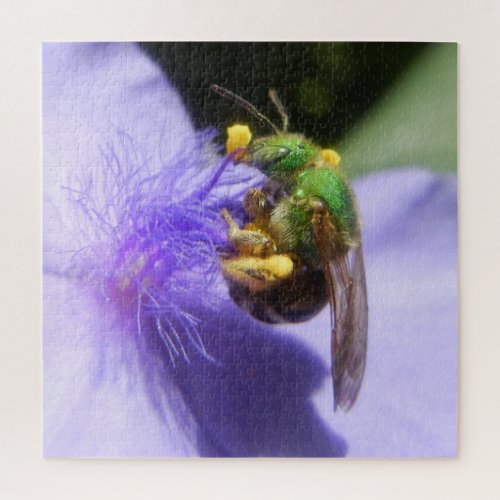 Green Bee on Purple Flower Nature Photograph Jigsaw Puzzle