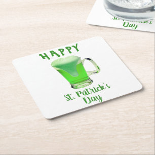 Green Beer Glass Happy St. Patrick`s day Square Paper Coaster