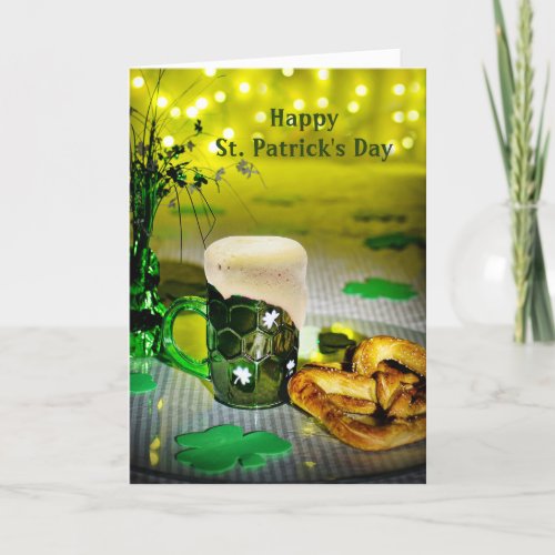 Green Beer Mug Shamrock Pretzels St Patricks Day Holiday Card