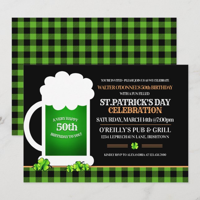Green Beer St. Patricks Day Adult Birthday Party Invitation (Front/Back)