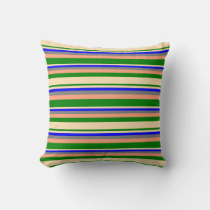 Green, Beige, Blue, Gray & Light Salmon Lines Throw Pillow