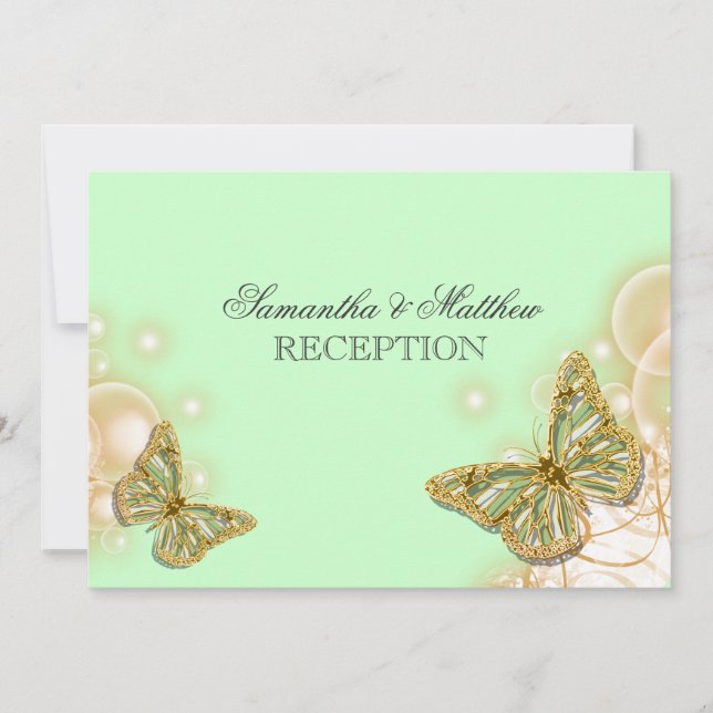 Green beige butterfly wedding reception invitation (Front)