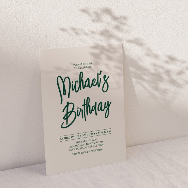 Green & Beige Chic Lettering Script Birthday Party Invitation (Creator Uploaded)