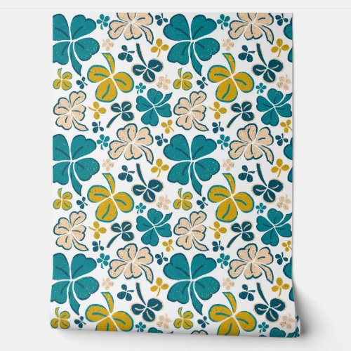 Green Beige Clover Shamrock Hand Drawn Pattern Wallpaper