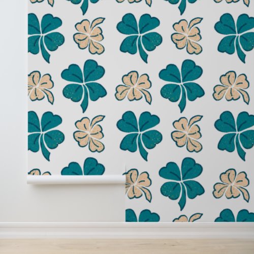 Green Beige Clover Shamrock Hand Drawn Pattern Wallpaper