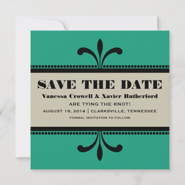 Green/Beige Fancy Art Deco Save the Date Invite (Front)