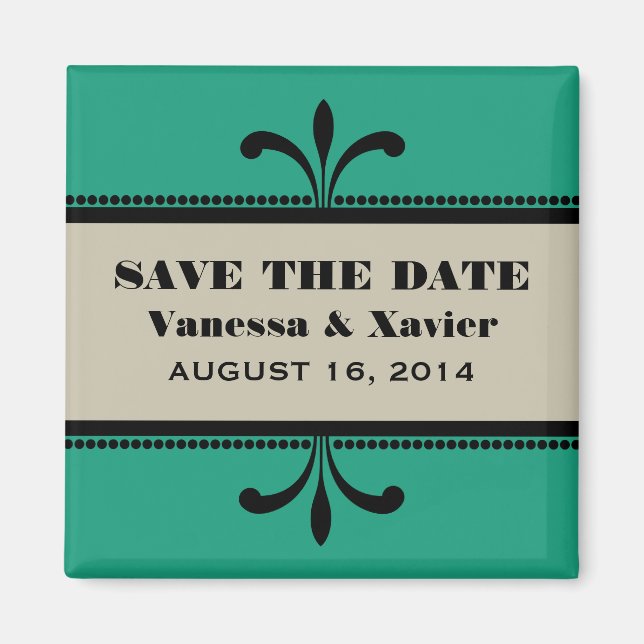 Green/Beige Fancy Art Deco Save the Date Magnet (Front)