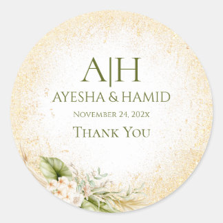 Green & Beige Floral Islamic/Muslim Wedding couple Classic Round Sticker