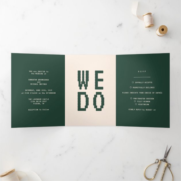 Green beige Gamer Formal minimal We do Wedding Tri-Fold Card
