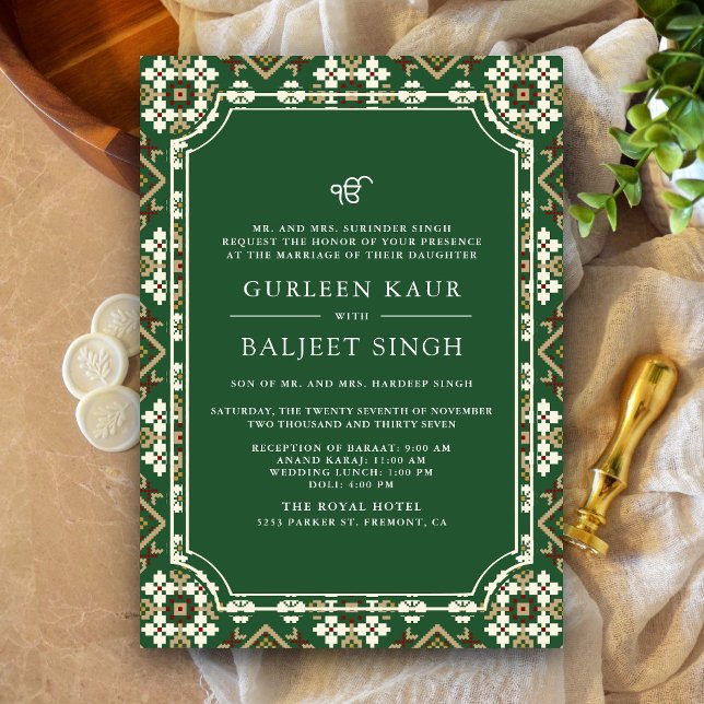 Green Beige Ikat Anand Karaj Sikh Wedding Invitation (Creator Uploaded)