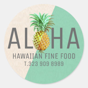 Green & Beige Linen Text Aloha With Pineapple Classic Round Sticker