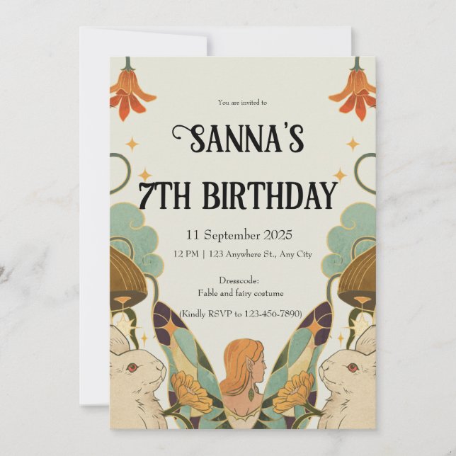 Green beige Orange Cute Fairy tail bunny Birthday  Invitation (Front)