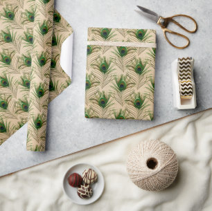 Green Beige Peacock Feathers Wrapping Paper