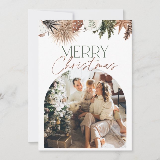 Green Beige Rustic Arch Photo Christmas Card (Front)