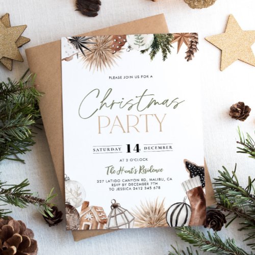 Green Beige Rustic Christmas Party Invitation