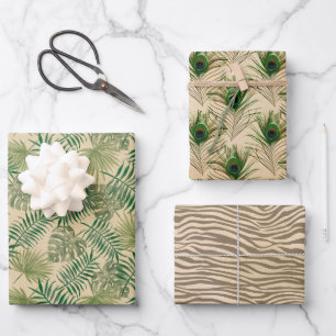 Green Beige Sand Tropical Leaves Wrapping Paper Sheets