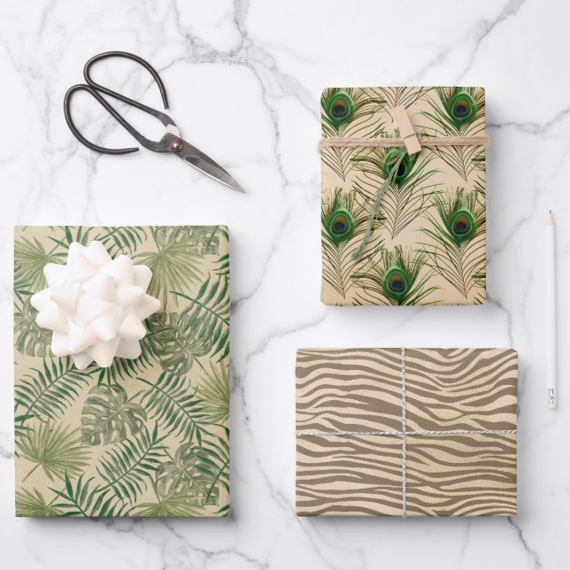 Green Beige Sand Tropical Leaves Wrapping Paper Sheets (Front)