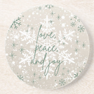 Green Beige Snowflakes Love Peace Joy Holiday Coaster
