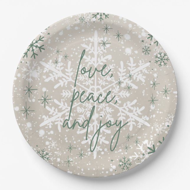 Green Beige Snowflakes Love Peace Joy Holiday Paper Plates (Front)