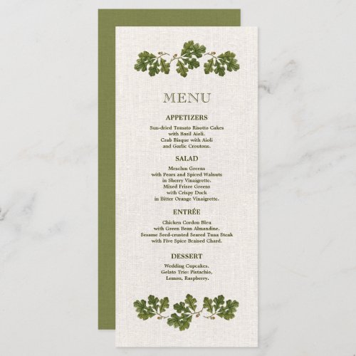 Green Beige Vintage Oak Leaves Wedding Menu Cards