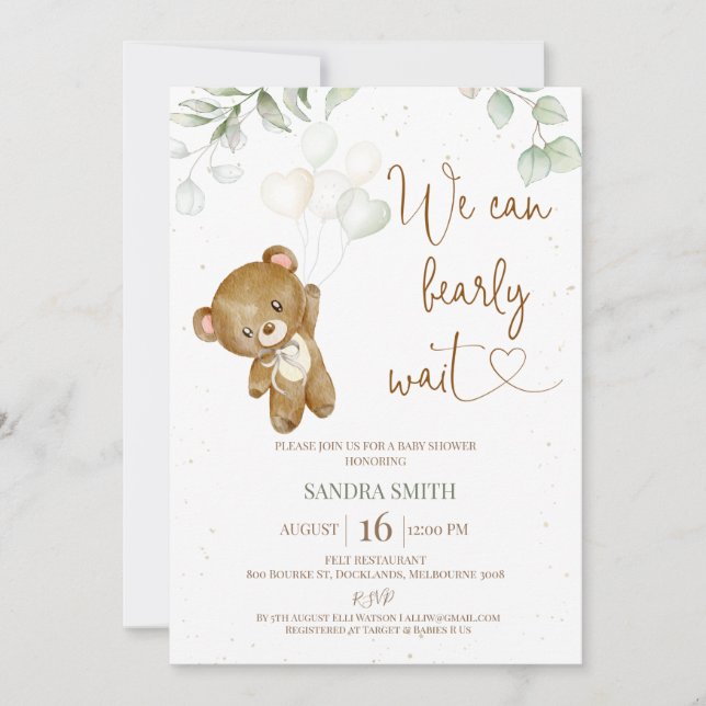 Green Beige We Can Bearly Wait Baby Shower Invitation (Front)