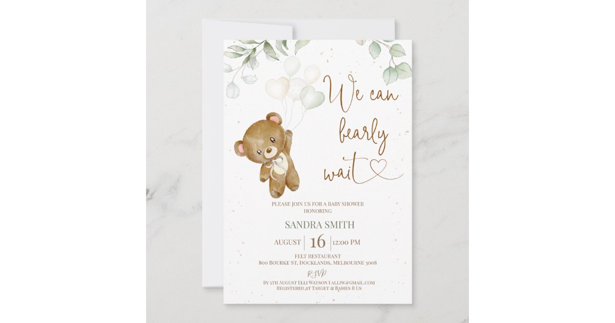 Green Beige We Can Bearly Wait Baby Shower Invitation | Zazzle