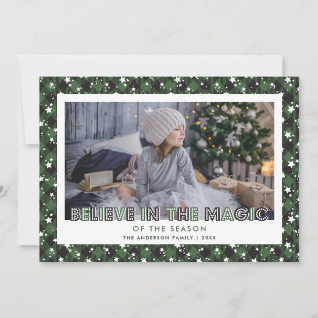 Green Believe In the Magic Photo Christmas Cards (Front)