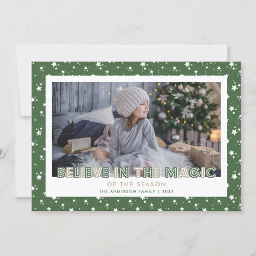Green Believe In the Magic Stars Photo Holiday Card