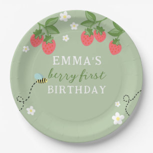 Green Berry First Pink Strawberry and Flowers Paper Plates