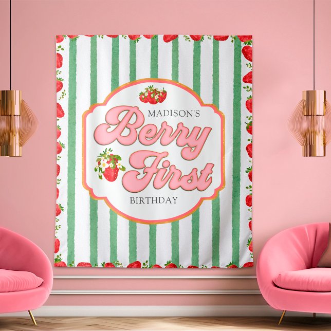 Green Berry First Strawberry Birthday Backdrop (Creator Uploaded)