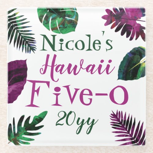 Green Berry Pink Leaves Hawaii 5_0 50th Birthday Glass Coaster