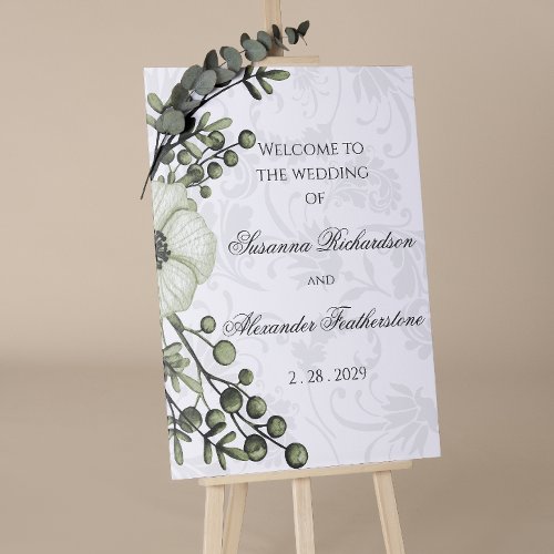 Green Berry Wreath Boho Damask Wedding Welcome Poster