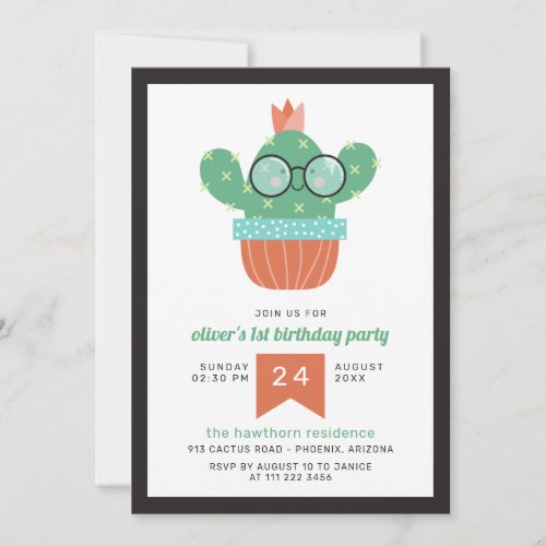 Green Bespectacled Cactus Birthday Party Invitation
