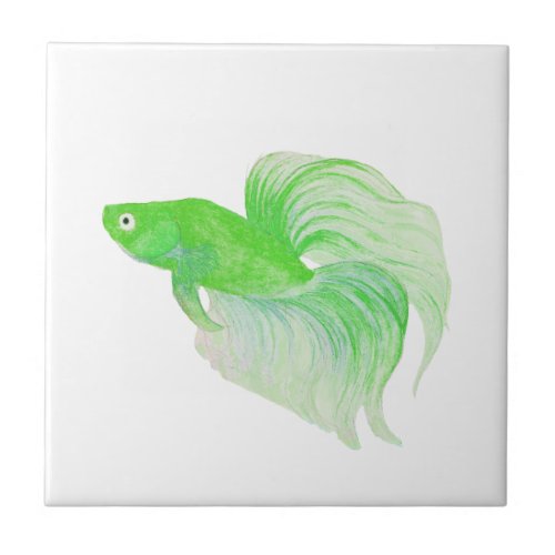 Green Betta Fish Watercolor Ceramic Tile