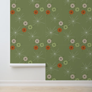 Green BG Mid Century Modern Circle and Stars  Wallpaper