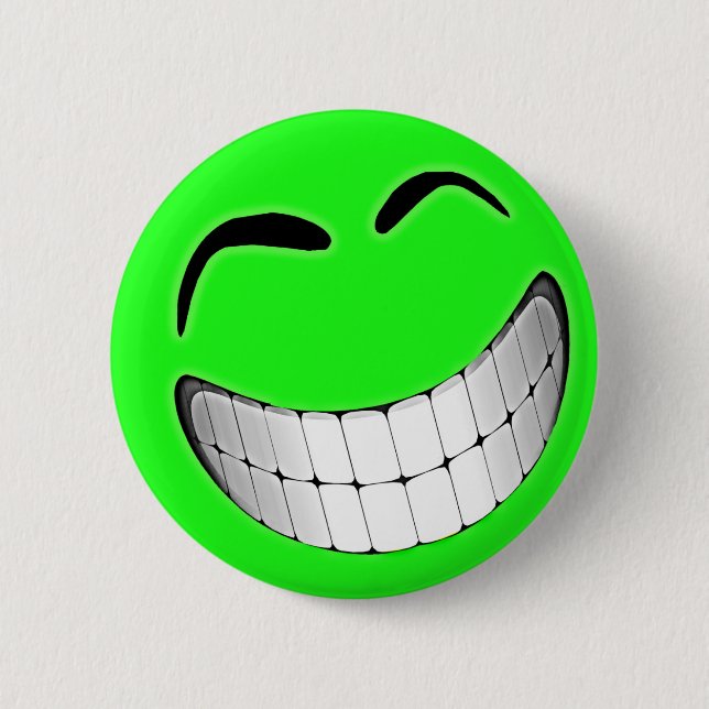 Green Big Grin Face Pinback Button (Front)