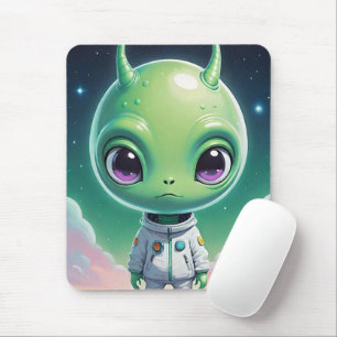 Green big head alien with horns mouse pad