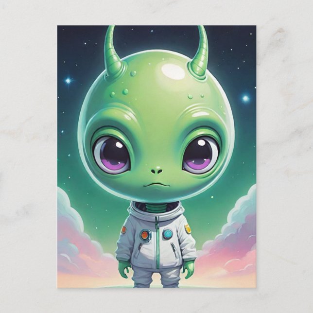 Green big head alien with horns postcard (Front)