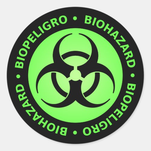 Green Bilingual Biohazard Warning Classic Round Sticker