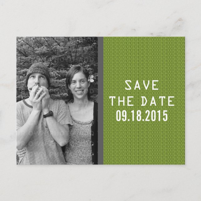 Green Binary Code Photo Save the Date Postcard (Front)