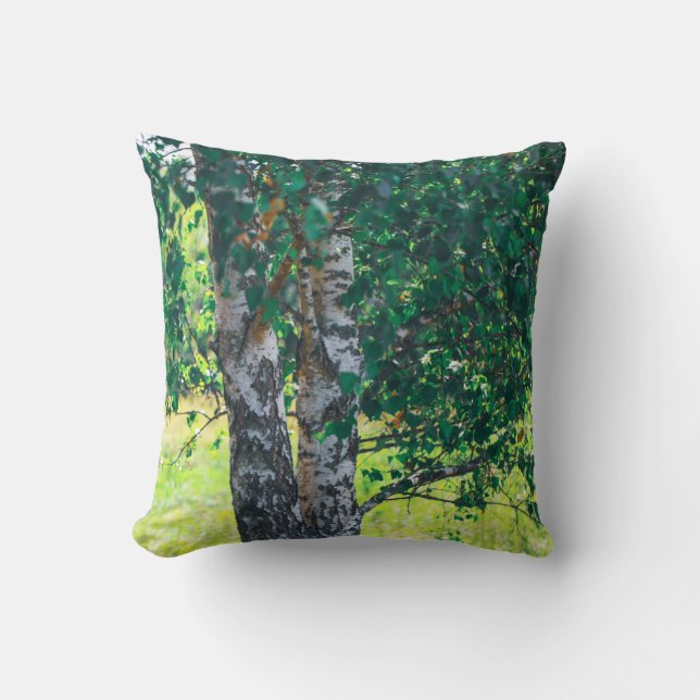 Green Birch Tree Leaves Nature Throw Pillow (Front)