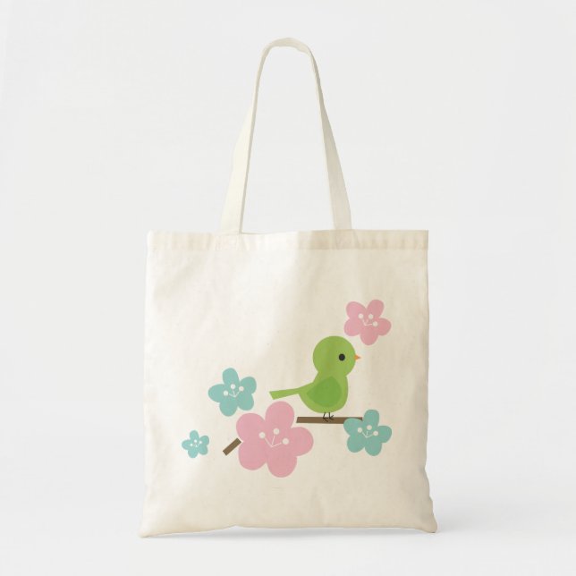 Green Bird and Cherry Flowers Tote Bag (Front)