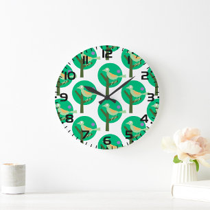 Green Bird and Tree Pattern Nature Inspired Large Clock