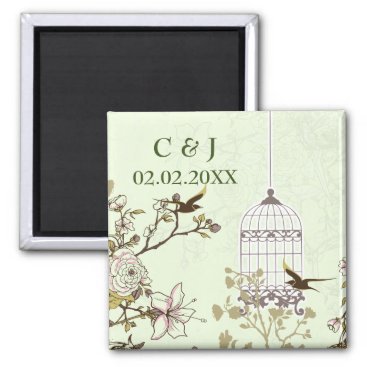 green bird cage, love birds save the date magnets