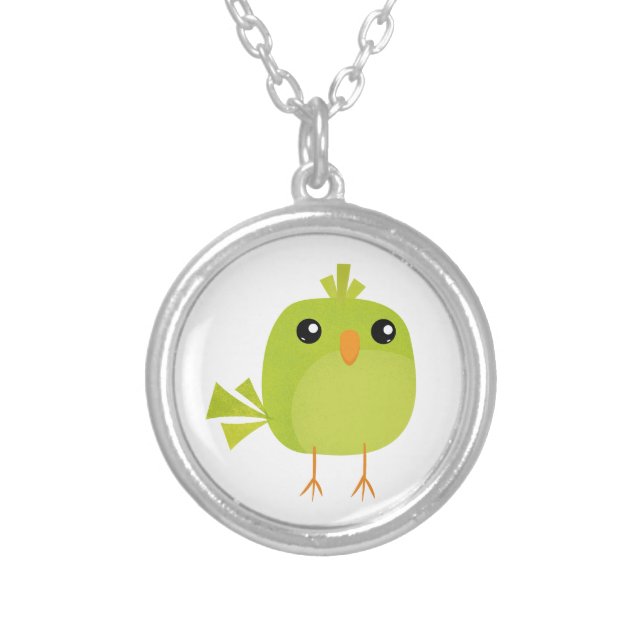 Green Bird Cartoon   Silver Plated Necklace (Front)