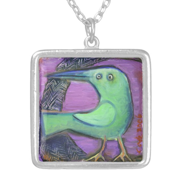 Green Bird charm Silver Plated Necklace (Front)