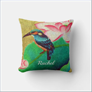 Green Bird & Floral Illustration Throw Pillow
