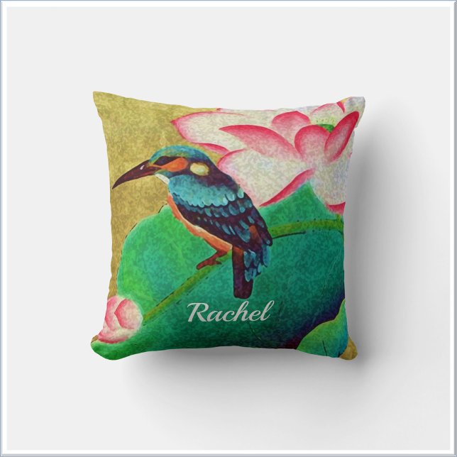 Green Bird & Floral Illustration Throw Pillow (Bookmark my store! https://www.zazzle.com/store/capricepetit)