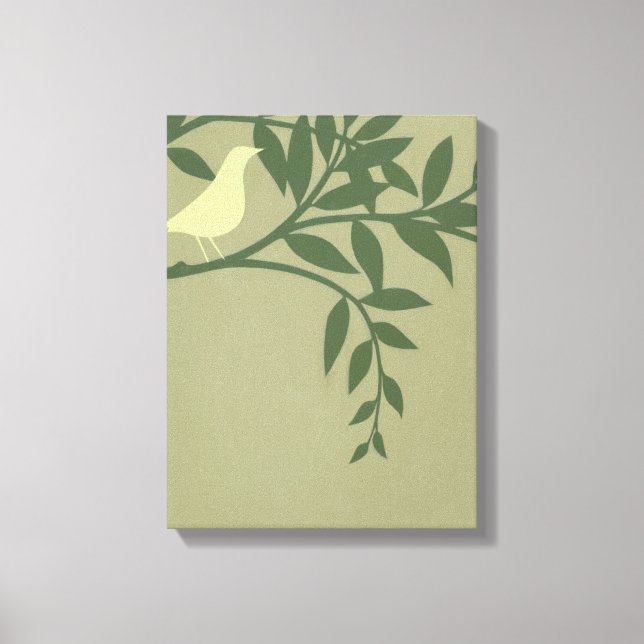 Green Bird Perched on Green Branch Canvas Print (Front)